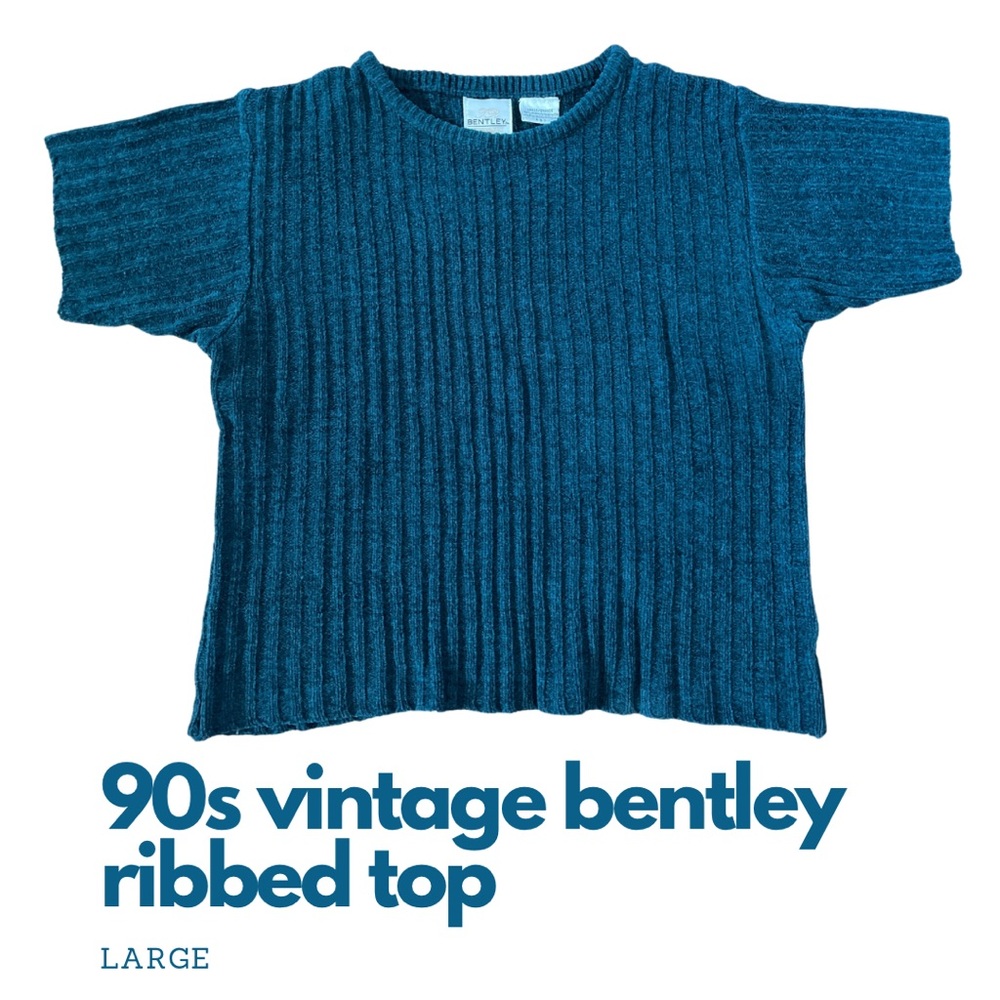 90s Vintage Bentley - Teal Blue Ribbed StretchyTop -  Women's Size Large (12/14)